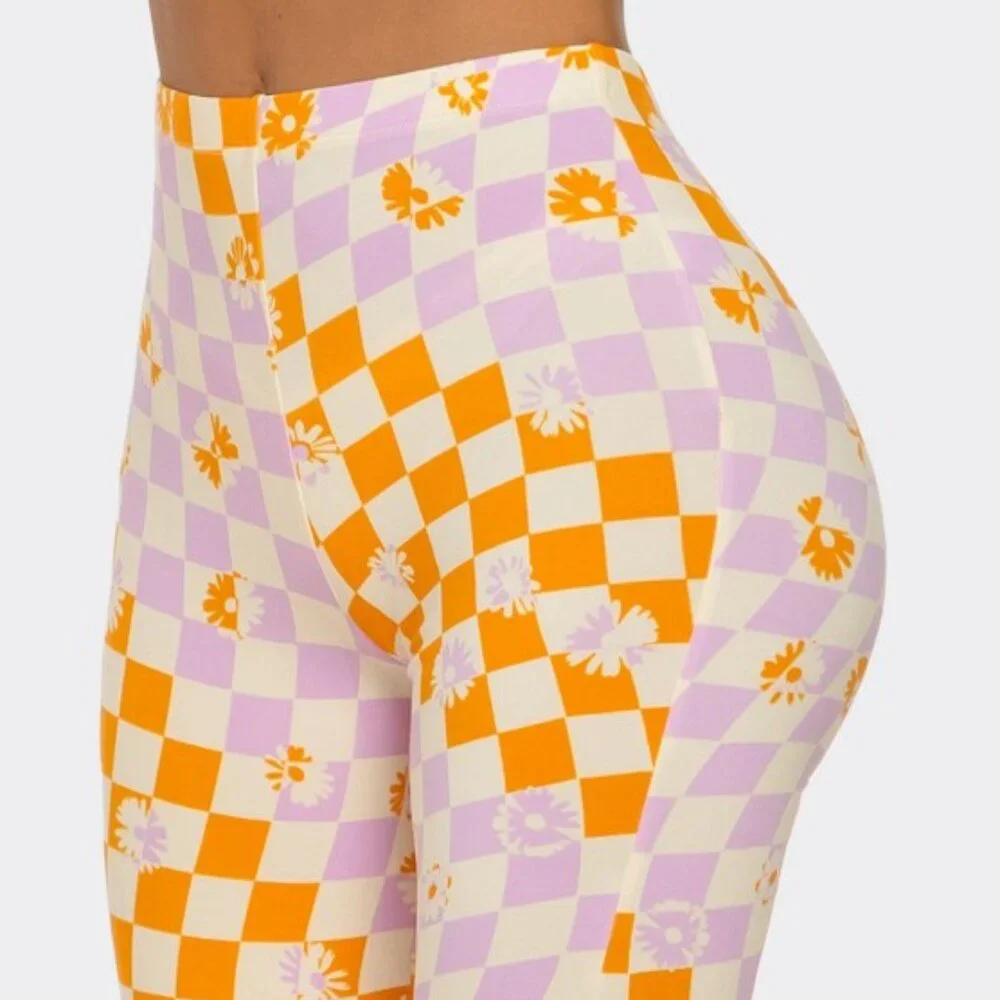 NEW Floral Wavy Checkerboard Flared Long Pants - Picture 4 of 4